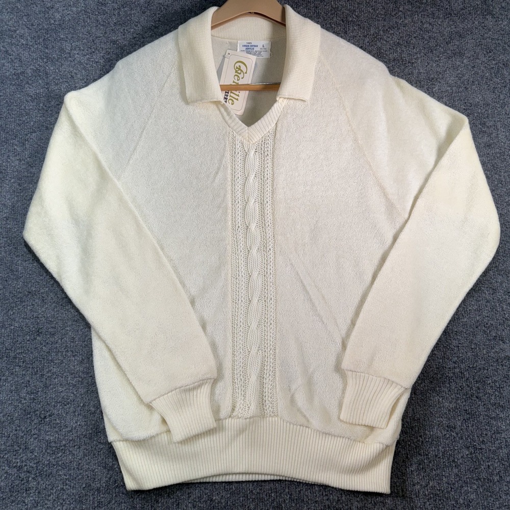 Vintage Zefran Chenille Terry Knit Sweater Mens Large Beige 80's Made in USA NOS